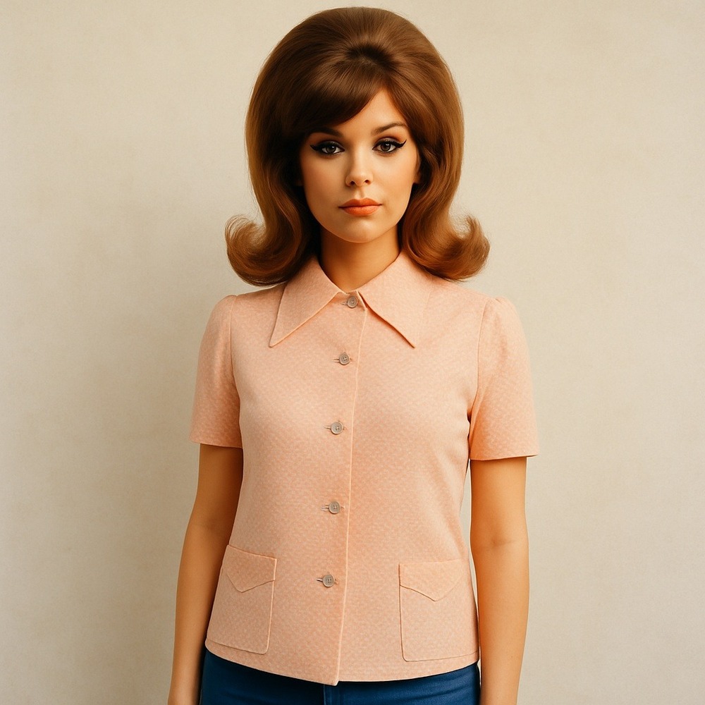 Vintage 70s Peach Floral Blouse Top Short Sleeve Dagger‎ Collar Pockets Retro M